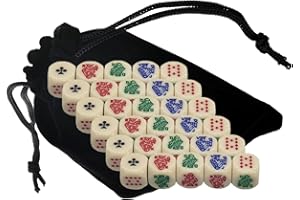 Cyber-Deals 16mm Poker Dice Ivory Tone Multicolored Characters Rounded Corners + Black Velvet Cloth Storage Pouch (30 Dice, 1 Pouch)