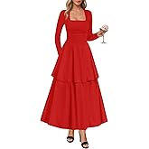 Lazysmile Women's Long Sleeve Fall Dresses Square Neck Ruched Waist Ruffle Hem Flowy Elegant Modest Boho Casual Maxi Dress