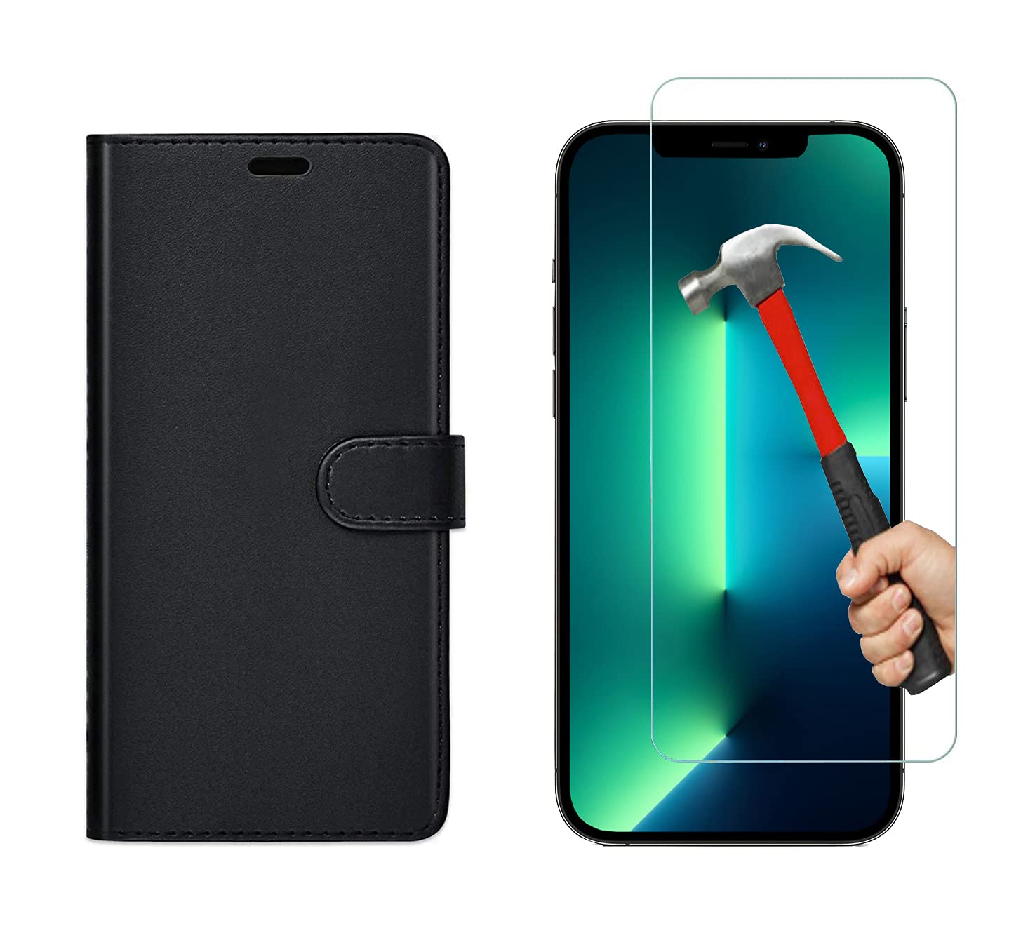 KP TECHNOLOGY iPhone 13 Pro Case, iPhone 13 Pro Leather Case, iPhone 13 Pro Book Flip Leather Wallet Cover with Tempered Glass Screen Protector for iPhone 13 Pro (BLACK)