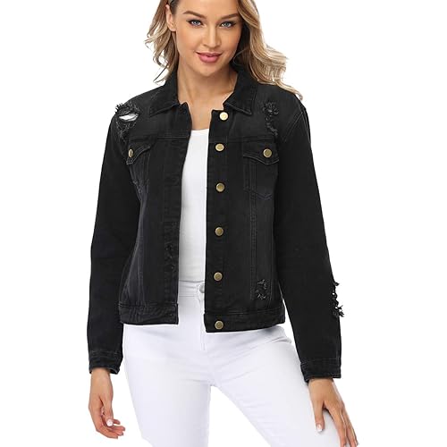 Dilgul Women's Ripped Distressed Casual Long Sleeve Basic Button Down Denim Jean Jacket