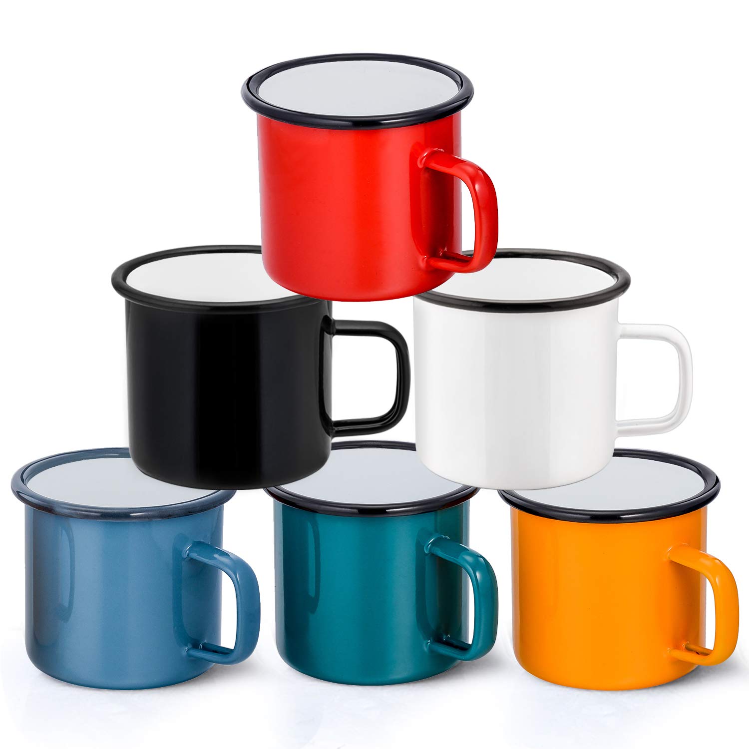 HaWare Enamel Coffee Tea Mug Set of 6, Red/Yellow/Blue/Green/White/Black Enamel Drinking Cups, Ideal for Home/Office/Travel/Camping, Resusable & Portable, 350 ml - 12 Ounce
