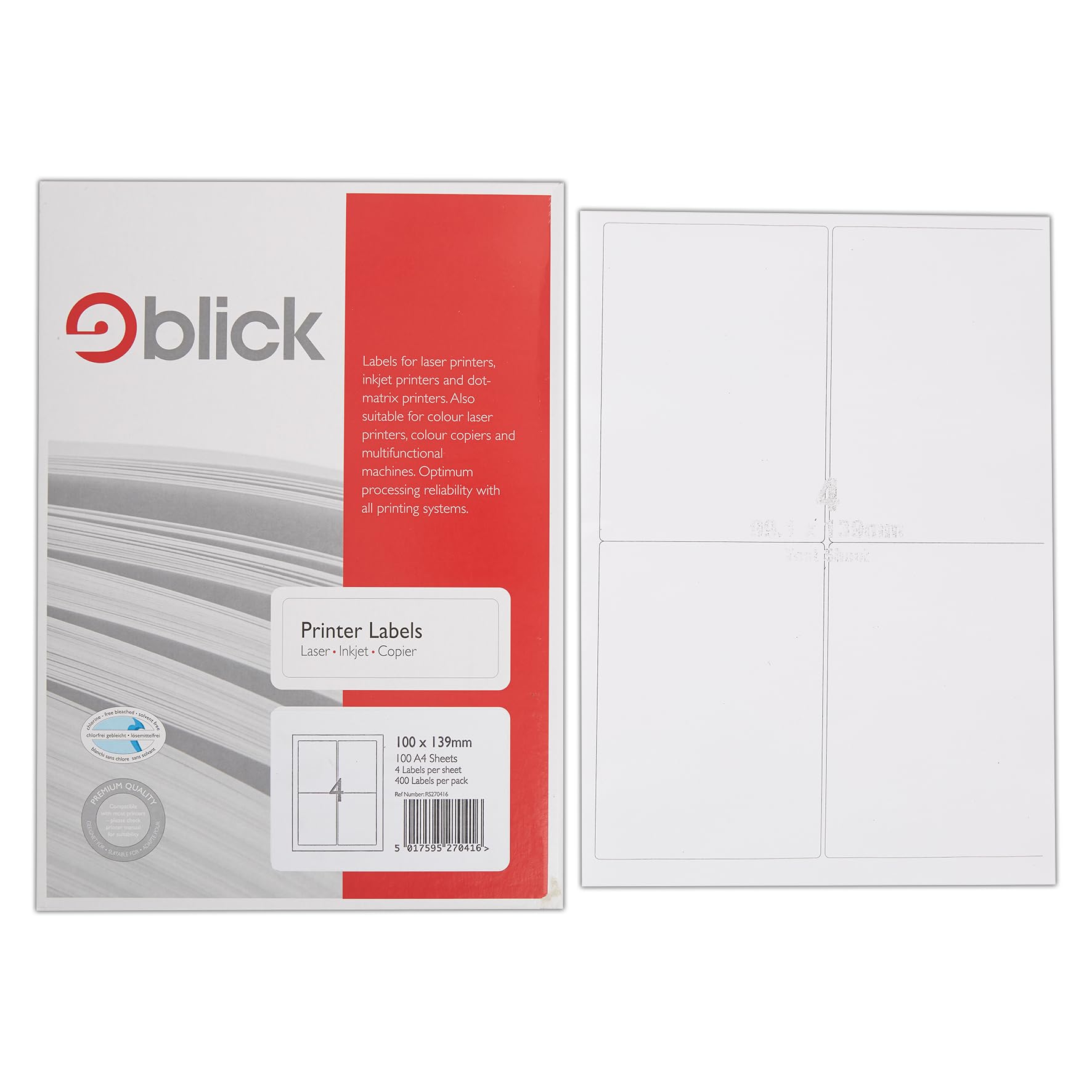 Blick Labels, White, 4 Per Sheet 100 Sheets, Rectangular, 100mm x 139mm, 400 Labels, For Home, Office, Family, School