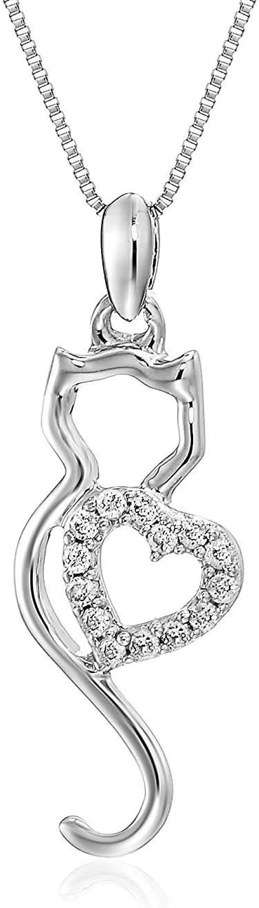 VIR JEWELS1/10 cttw Diamond Pendant, Diamond Cat Pendant Necklace for Women in 14K White Gold with 18 Inch Chain, Prong Setting