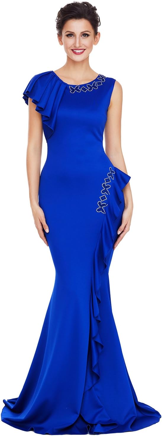 Queen Area Women's Elegant Sleeveless Ruffle Detail Long Formal Mermaid Evening Prom Dresses