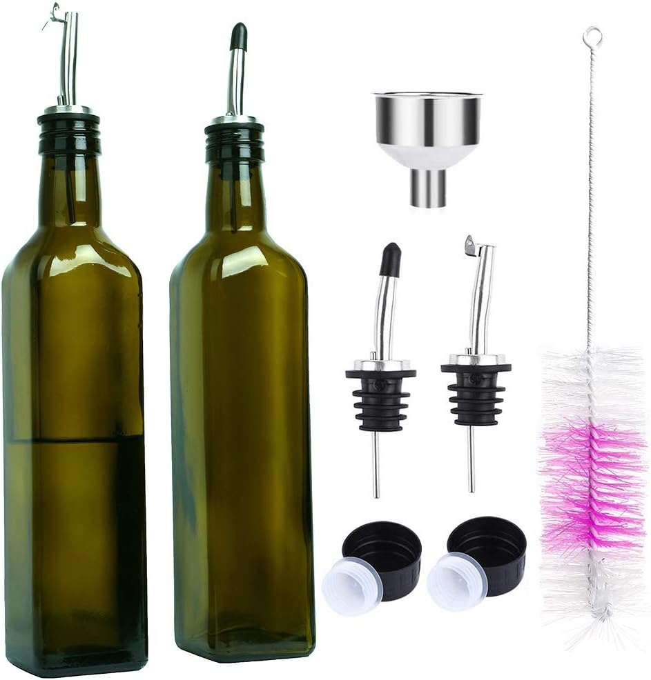 Olive Oil Bottle, 2 Pack 17oz Glass Olive Oil Dispenser Bottles with Drip-Free Pour Spouts Set - Oil Vinegar Cruet/Carafe with Funnel and Cleaning Brush for Kitchen