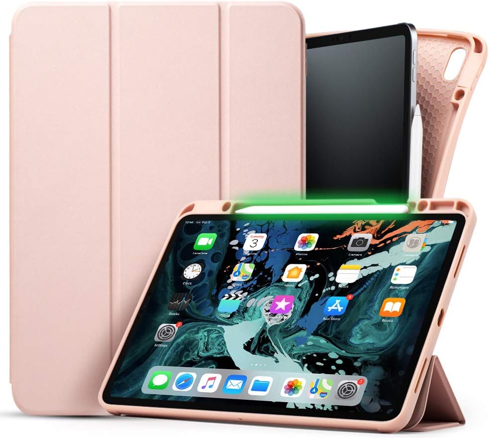 iPad Pro 12.9 Case 2018 with Pencil Charging Holder,Aunote Trifold Stand Smart Cover Auto Wake,Support iPad Pencil Charging for iPad Pro 12.9 Inch 3rd Gen,iPad Pro 12.9 Leather Case Non Slip Rose Gold
