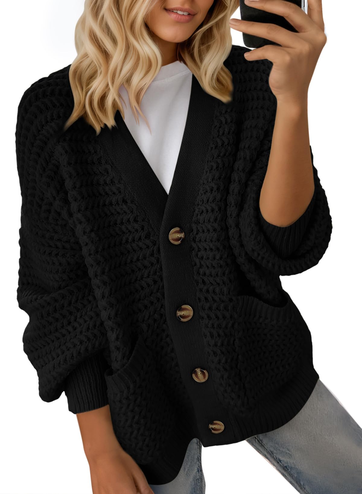 Photo 1 of Dokotoo Fall Womens Sweaters 2025 Fashion Cardigan Sweaters for Women Loose Casual Autumn Thick Long Sleeve Open Front Long Cable Knit Sweater for Women Winter Warm Outerwear Coat Black Medium