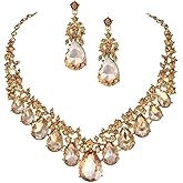 Secret for Longevity Gold Tone Antique Style Art Deco Vintage Retro Amber Honey Yellow Topaz Citrine Champagne Rhinestone Statement Wedding Bridal Prom Chunky Statement Earrings Necklace Gift Set