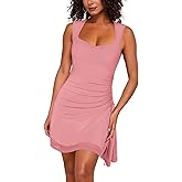 MAYFASEY Women's Sexy Mesh Square Neck Bodycon Mini Dress Ruched Drawstring Cocktail Party Club Going Out Short Dresses