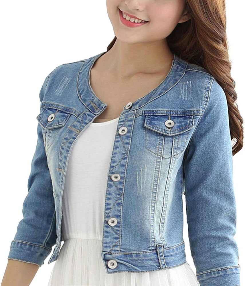 Women's Round Neck Stretch Denim 3/4 Sleeve Long Sleeve Jacket Blue Jean Coat