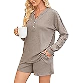 Braroz Womens Ribbed Knit 2 Piece Lounge Sets Outfits Long Sleeve Top and Shorts Pajama Sets Loungewear with Pockets