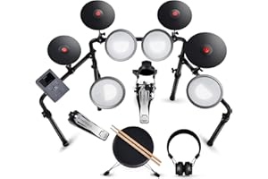HAMPBACK MK-0 Plus Electric Drum Set with 4 Quite Mesh Electronic Drum Pads, 4 Full Rubber Crash, 5" Kick Drum, 12 Drum Kits and 74 Sounds, Bluetooth, Throne, Sticks, Headphones, Suit for Beginner
