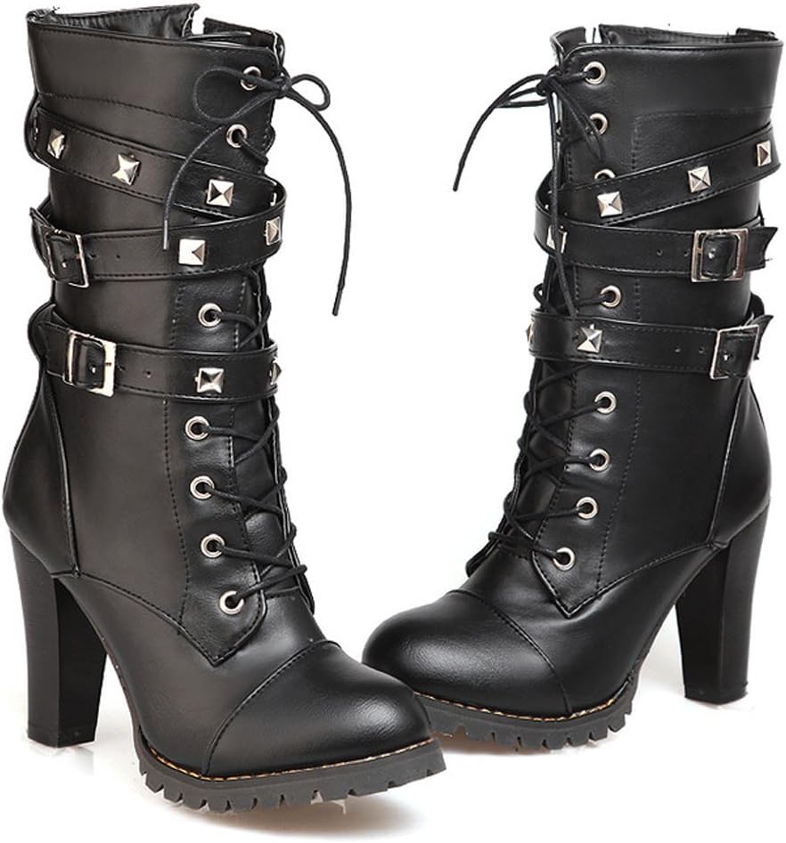 Mostrin Women Motorcycle High Heels Punk Buckle Rivet Strap Combat Military Mid Calf Boots