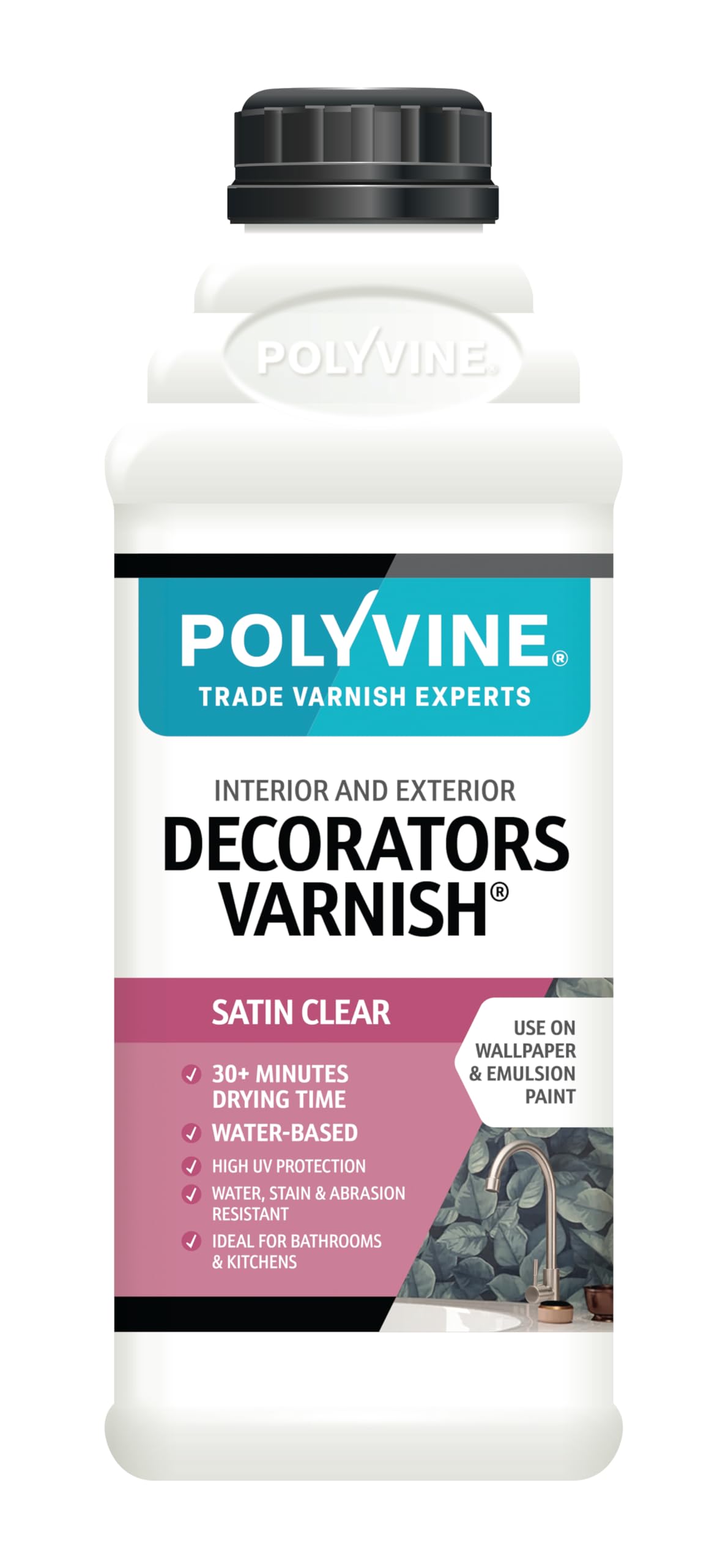 Polyvine Decorators Varnish Satin – Water Resistant Clear Varnish with UV Protection - Seals and Protects Emulsion, Acrylic Paint, Wallpaper, Wood, Furniture, Plaster & Fabric, 1L — image 1
