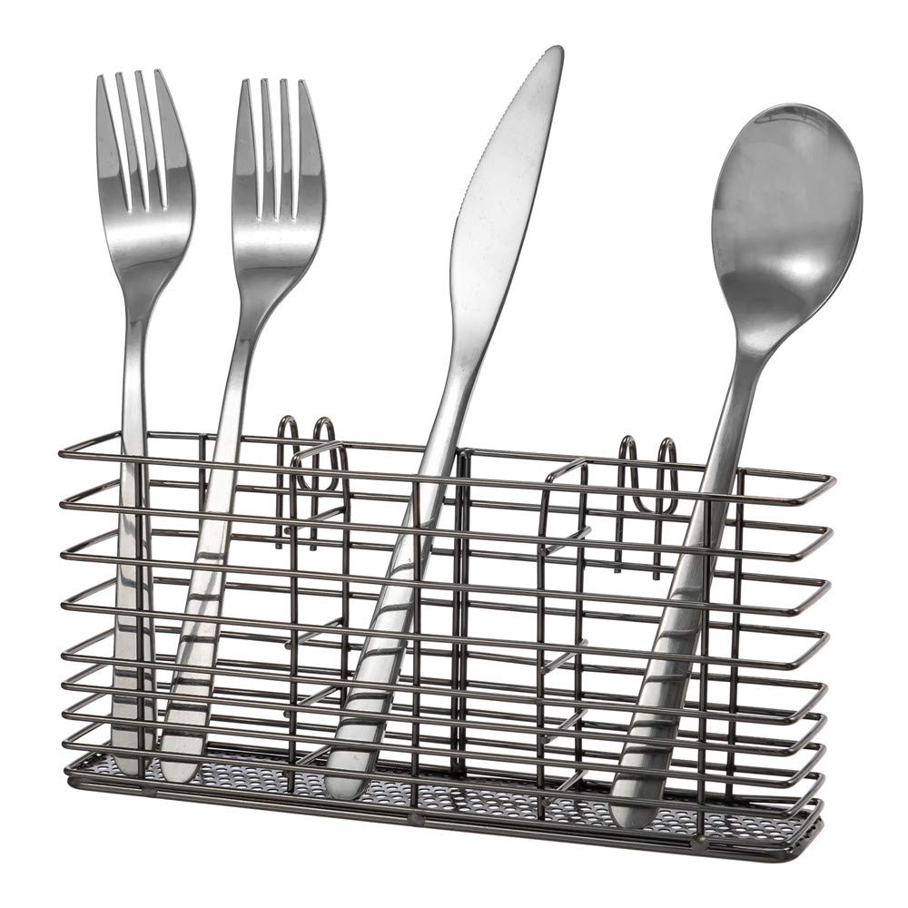 SANNO Stainless Steel Utensil Drying Rack and Cutlery Organizer With Hooks - Removable Silverware Holder, Black — image 1