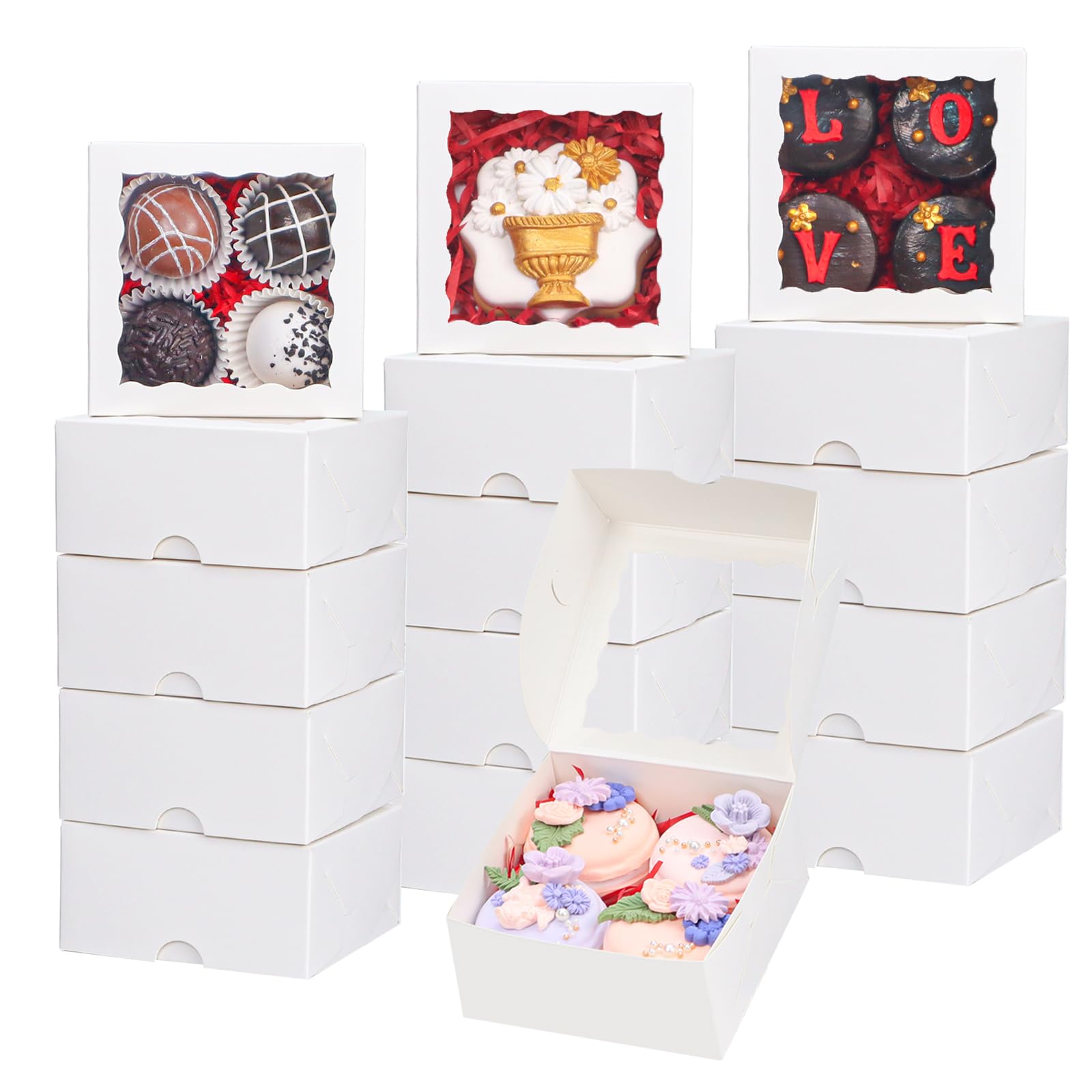 Photo 1 of ROSPAKTEK 40 Pack White Bakery Boxes 4x4x2 Inches Cookies Boxes Mini Bundt Cake Boxes Pie Boxes Cinnamon Roll Treat Boxes Chocolate Truffle Boxes Party Wedding Favor