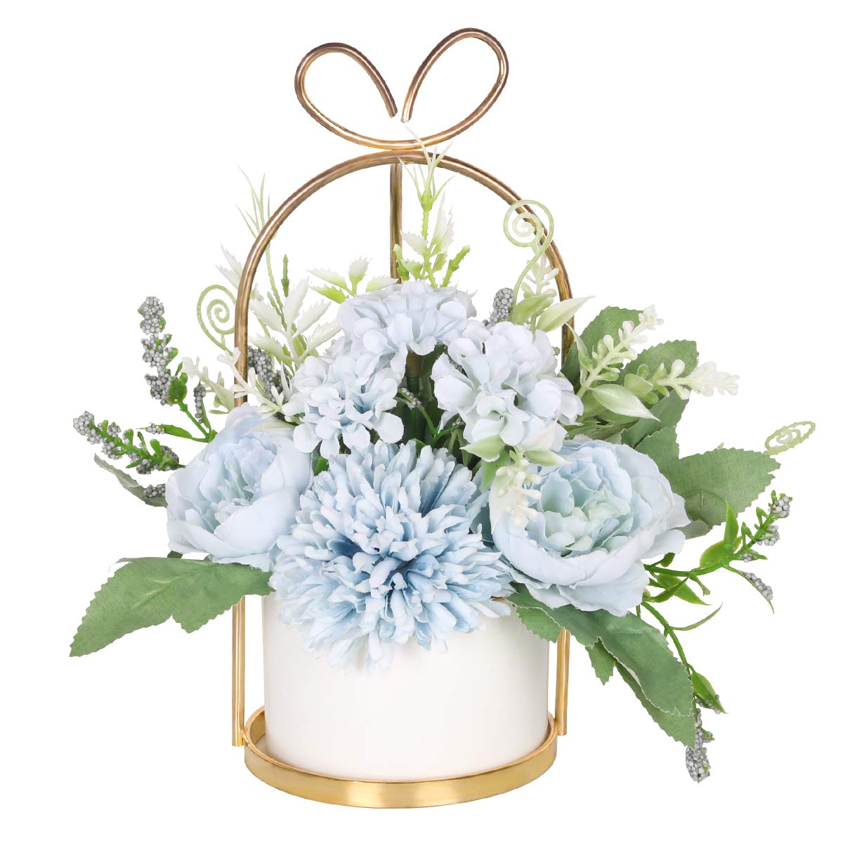 Hobyhoon Artificial Silk Flowers with Vase Fake Hydrangea & Chrysanthemum Floral Arrangement for Home Wedding Decor, Table Centerpiece, Living Room Desk Decoration