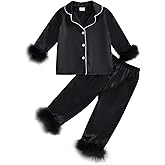 Toddler Baby Girl Satin Pajamas Set Fuzzy Trim Button Down Sleep Shirt Top Pants Bottoms Sleepwear Loungewear Set