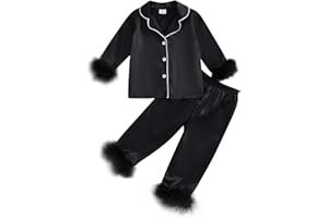 SAYOO Toddler Baby Girl Satin Pajamas Set Fuzzy Trim Button Down Sleep Shirt Top Pants Bottoms Sleepwear Loungewear Set