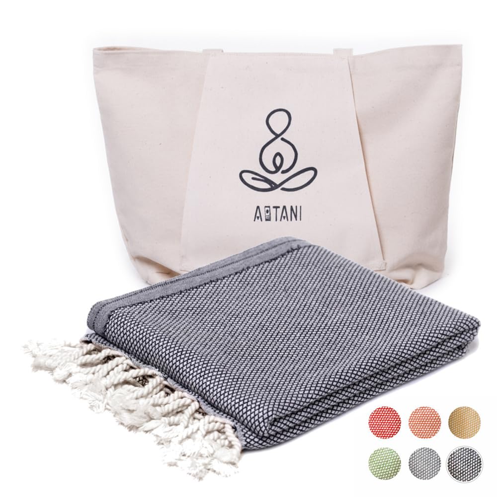 ATANI Turkish Beach Towel Bag, 100% Organic Cotton, Quick Drying, Sand Free, Large Travel Blanket, Oversized, XL, Yoga, Eco Towels, Travel Essentials, Must-Haves, Gifts (Black+1 Bag)