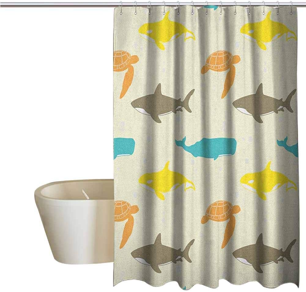 Decor Curtains Guest Bathroom Pattern with Whale Shark and Turtle Aquarium Doodle Style Marine Life 72x72 Inches