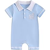 Lamuusaa Newborn Baby Boy Easter Outfit Short Sleeve Lapel Button Bunny Embroidery Romper One Piece Bodysuit Jumpsuit 0-18M