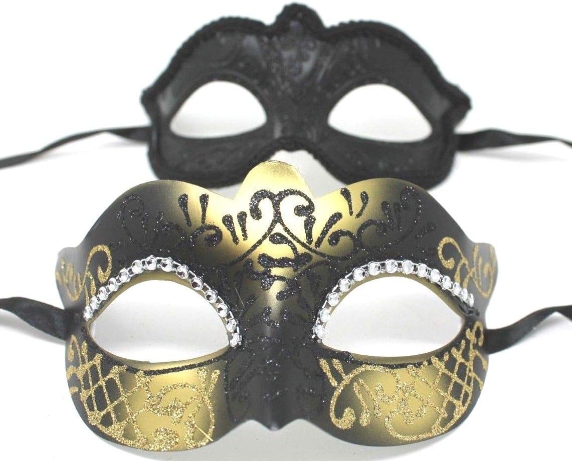 HIS N HERS PAIR OF CO-ORDINATED GOLD & BLACK COUPLES VENETIAN MASQUERADE CARNIVAL PARTY BALL EYE MASKS, Gold Black, 8cm deep