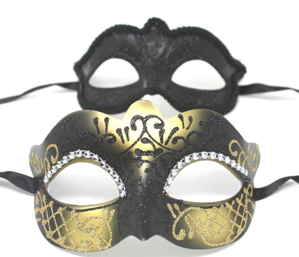 HIS N HERS PAIR OF CO-ORDINATED GOLD & BLACK COUPLES VENETIAN MASQUERADE CARNIVAL PARTY BALL EYE MASKS