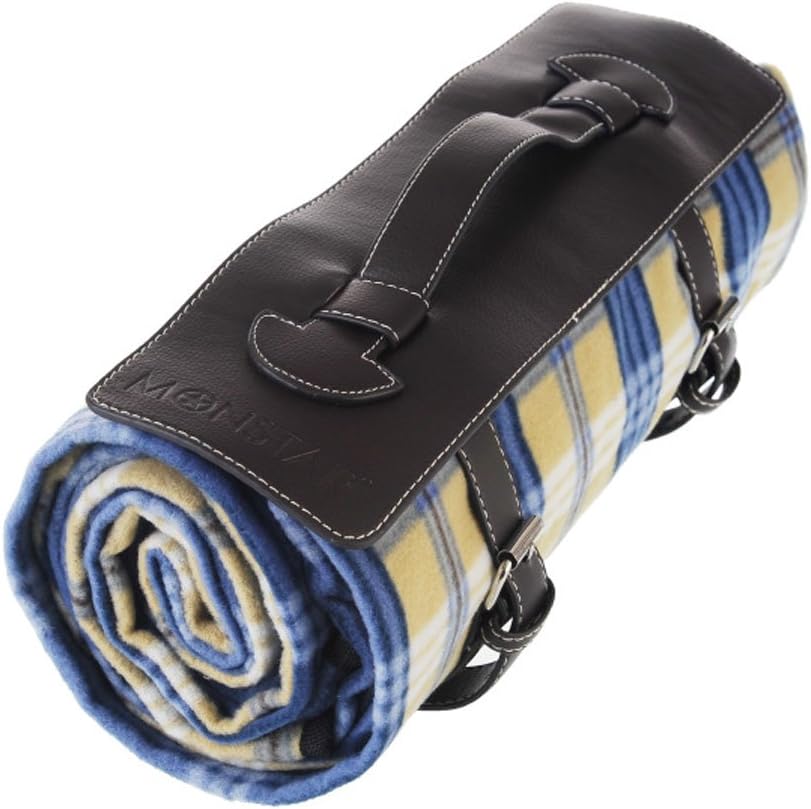 Monstar 59x79 inch Machine Washed X-Large Classic Plaid Outdoor Blanket With Leather Handler - Water Proof Backing Luxury Soft Style Picnic Rug - Easy To Fold - Perfect For Beach, Travel, Picnic Blanket