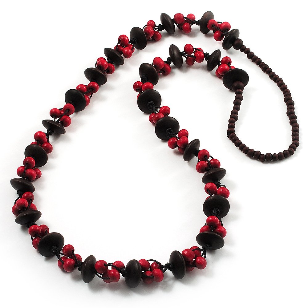 Avalaya Wooden Button & Round Bead Long Necklace in Brown/Red/ 110cm L