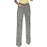 Tcremisa Womens Rhinestone Jeans High Waisted Straight Leg Denim Pants Sparkly Bling Glitter Diamond Pearls Jeans