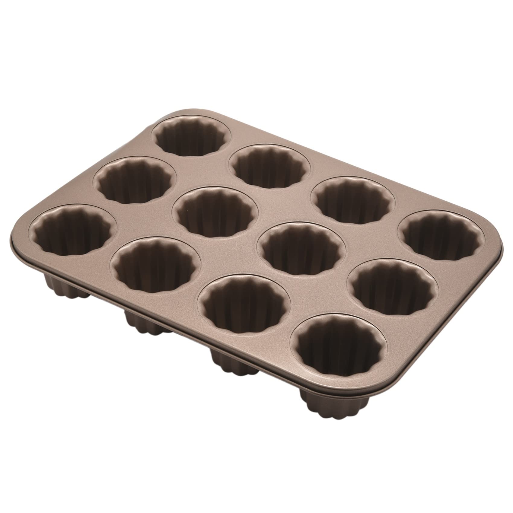 Tuabyem Canele Mold Cake Pan, 12-Cavity Non-Stick Cannele Muffin Bakeware Cupcake Pan for Oven Baking(Champagne Gold)