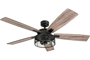 Honeywell Ceiling Fans Carnegie, 52 Inch Industrial Style Indoor LED Ceiling Fan with Light, Remote Control, Dual Mounting Options, 5 Dual Finish Blades, Reversible Airflow - 50614-01 (Matte Black)