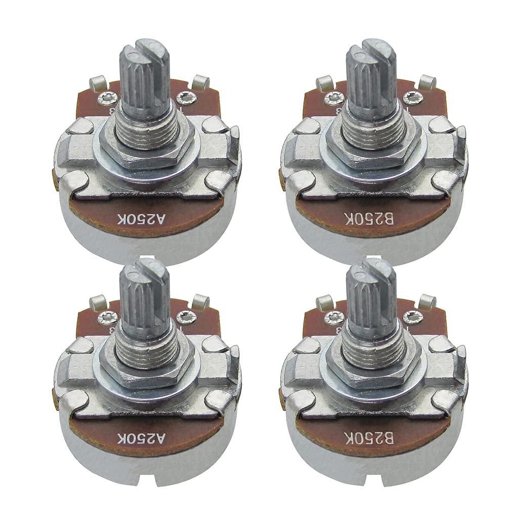 FLEOR 4pcs Full Size A250K B250K Potentiometer Guitar Tone Volume Control Pots with Bayonet L15mm Short Knurled Split Shaft