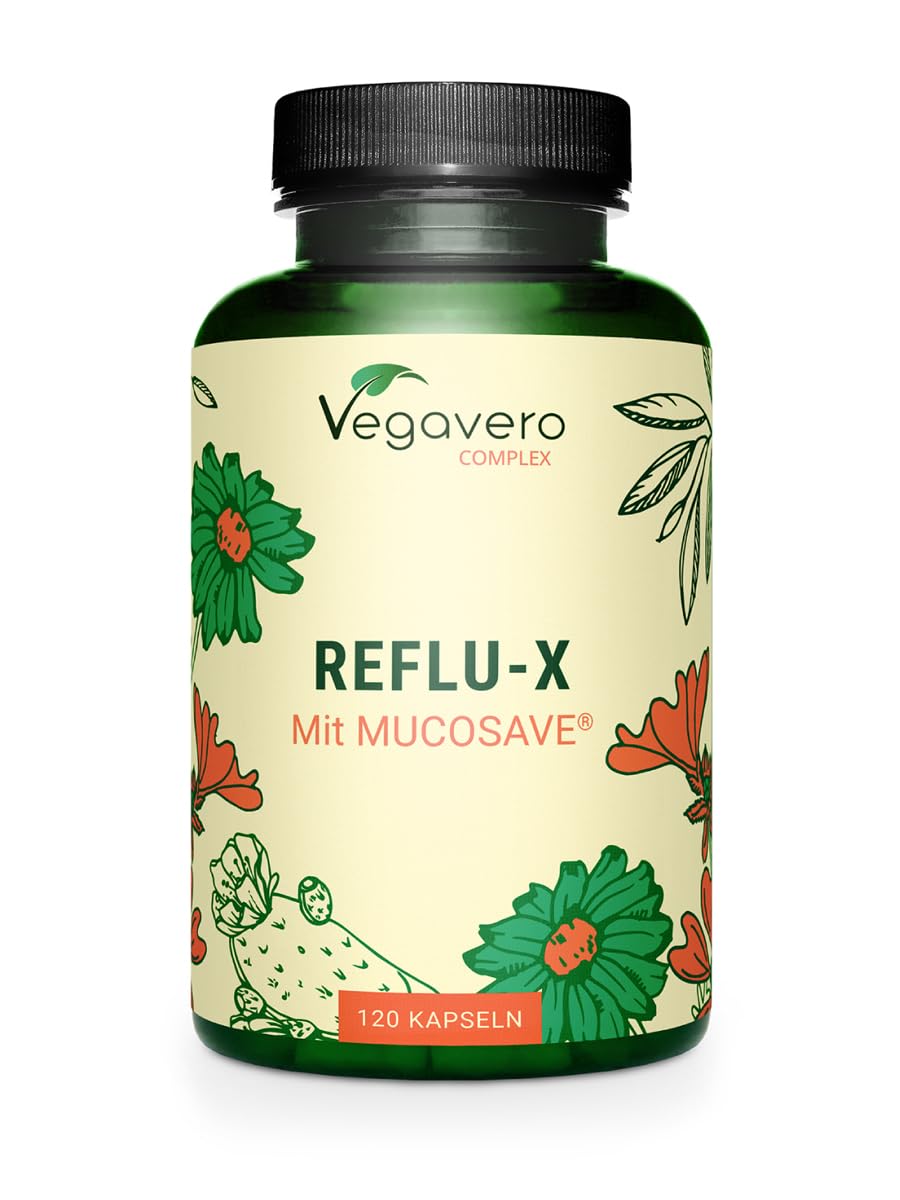 Vegavero Reflu-X Complex | Natural Antacid | Stomach Reflux and Gastritis | with Mucosave, Olive Leaf Extract, Sodium Alginate, Chamomile | NO Additives | 120 Capsules | Vegan