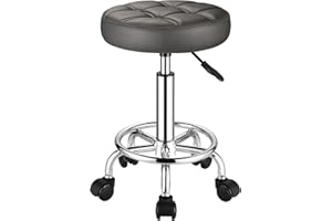 FNZIR Round Rolling Stools PU Leather Seat Height Adjustable Swivel Stool with Wheels Grey