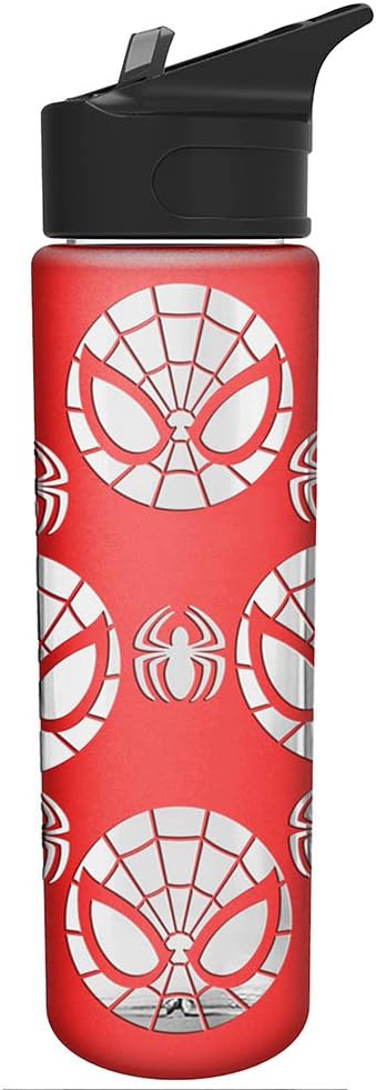 Silver Buffalo Marvel Spiderman Logo with Silicone Sleeve Glass Water Bottle, 20 oz, Multicolor