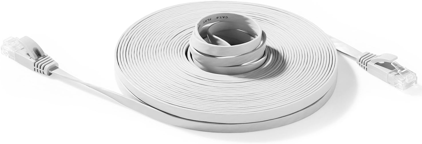 Hexagon Network - Ethernet Cable Cat6 Flat 50ft White, Network Cable Cat 6 Flat Slim Ethernet Patch Cable, Internet Cable With Snagless RJ45 Connectors - 50 Feet White