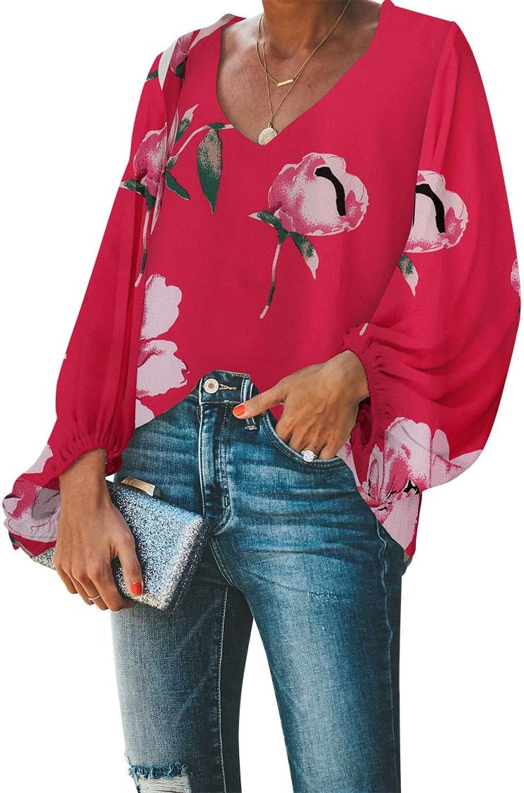 BELONGSCI Women's Casual Sweet & Cute Loose Shirt Balloon Sleeve V-Neck Blouse Top