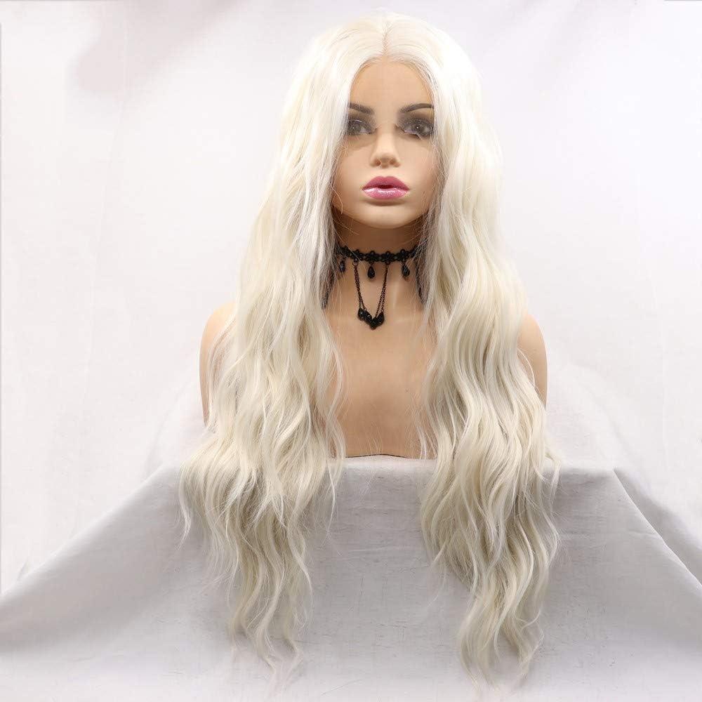 Xiweiya Platinum Blonde Wig Long Loose Curly Wavy Blonde White Synthetic Front Wigs Middle Part Natural Hairline Heat Resistant Fiber Hair Replacement Wigs 180% Density Half Hand Tied 24inch - Image 3
