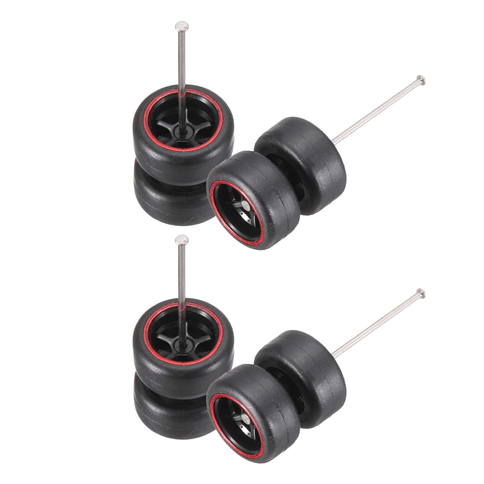 sourcing map 4 Set 1/64 Wheels and Tires Set, Real Riders Rims Includes Axles for RC Diecast Car DIY Model, 5-Spoke Red Line Black Rims