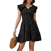 Jayscreate Women's Ruffle Sleeve Layered Boho Floral Dress Above Knee Pockets Elastic Waist 2026 V Neck Summer Dress