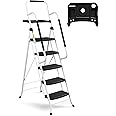 SocTone 5 Step Ladder with Handrails, Folding Step Stool with Tool Platform, Sturdy& Portable Steel Ladder for Adults, 330LBS Capacity Ladder for Home Kitchen Library Office, White