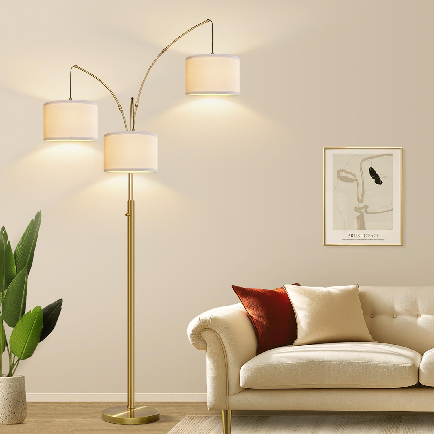 Photo 1 of Nintiue Dimmable Floor Lamp - 3 Lights Brass Floor Lamps for Living Room Linen White Shades & Heavy Base, Mid Century Tree Floor Lamp for Bedroom Office, 3 LED Bulbs Included