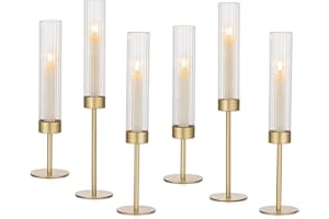 Hewory Gold Hurricane Candle Holders: Brass Candlestick Holders Set of 6 Tall Taper Candle Holders for Candlesticks Candle Sticks Holder Decor for Table Centerpiece Wedding Party Christmas Decorations