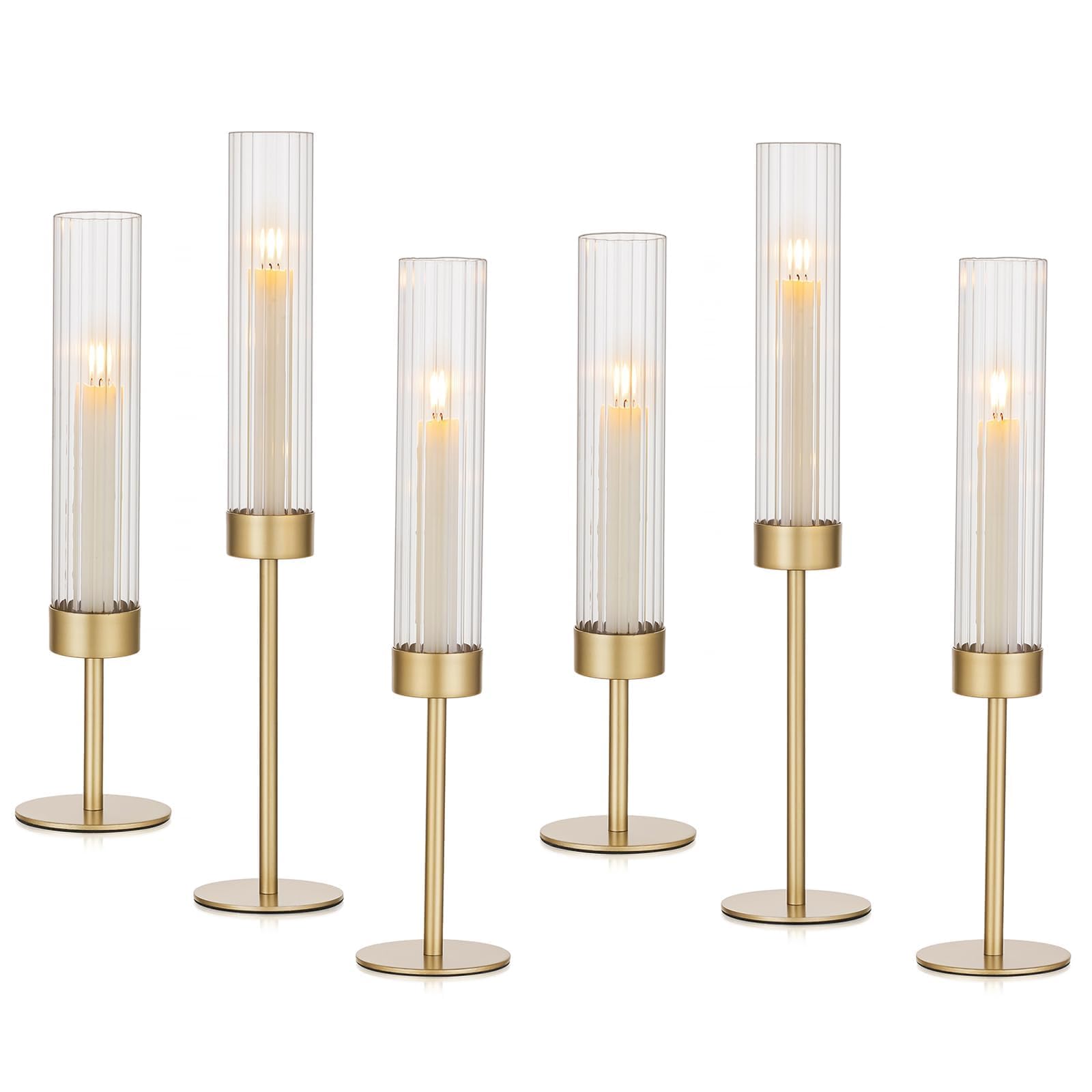 Photo 1 of Hewory Gold Hurricane Candle Holders: Brass Candlestick Holders Set of 6 Tall Taper Candle Holders for Candlesticks Candle Sticks Holder Decor for Table Centerpiece Wedding Party Christmas Decorations