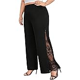Floerns Women's Plus Size Floral Lace Wide Leg Pants High Waisted Casual Trousers