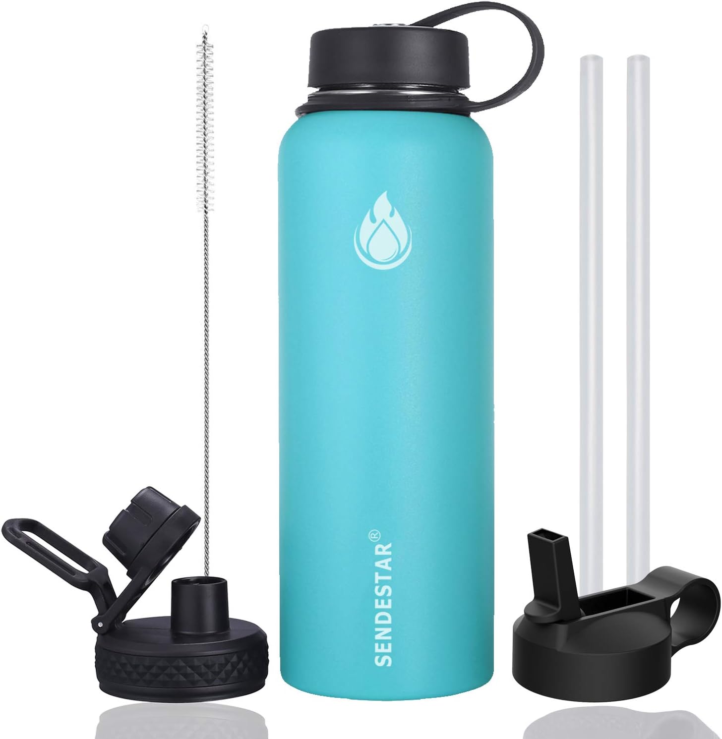 SENDESTAR 32 oz Double Wall Vacuum Insulated Leak Proof Stainless Steel Sports Water Bottle—Wide Mouth with Straw Lid & Flex Cap & Spout Lid (Sky Blue)