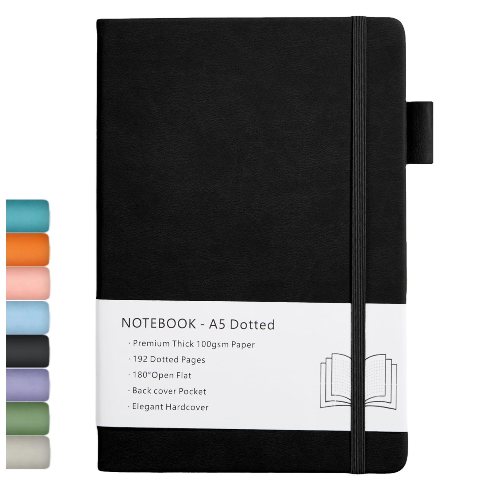 Dotted Journal A5, Hard Cover Dotted Notebook with Premium 100 GSM Thick Paper, Inner Pocket, Elastic Banded, Faux Leather Cover, 192 Pages, 14.5X21.3 cm (Black)