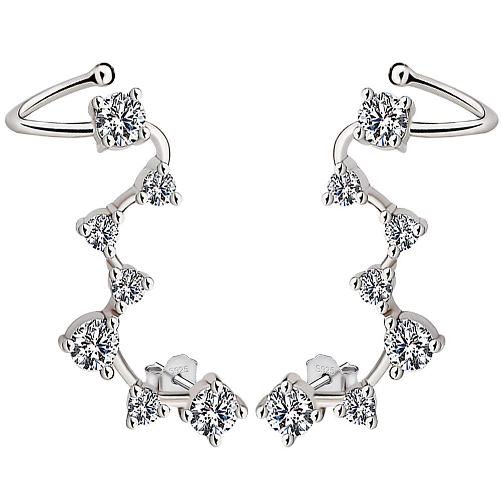Meyiert 925 Sterling Silver Cubic Zirconia Crystal Cuffs Ear Climber Stud Earrings for Women (White)